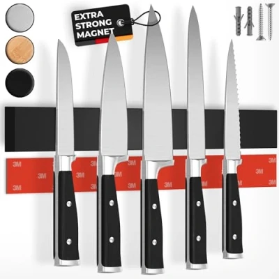 Image of CUCINO Black Magnetic Knife Holder for Wall 40cm (16&quot;) incl. Self Adhesive Strip, Extra Strong Magnets Walls, Rack with Installation Made of Stainless Steel