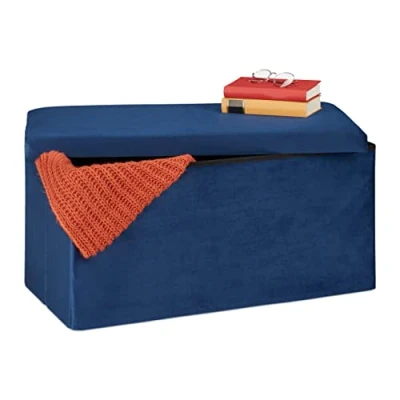 Image of Relaxdays Storage Bench, Velvet Cover, 80 L Capacity, H x W D: approx. 38 77 39 cm, Blue, Fibreboard