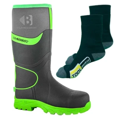 Image of Buckler Buckbootz BBZ8000 Hi Visibility Neoprene Safety Wellington Boots with TM Boot Socks (Grey/Green, UK Footwear Size System, Adult, Men, Numeric, Medium, 12)