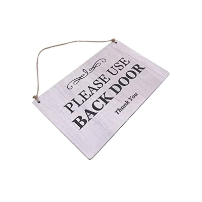 Image of Please Use Back Door Hanging Sign Printed contemporary design on vinyl. Easy to read, informative polite notice for your guests/customers. Global shipping. (Whitewood Effect)