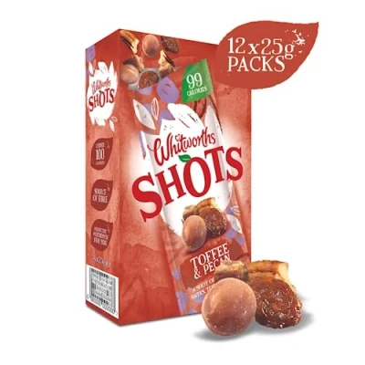 Image of Whitworths Shots Toffee &amp; Pecan 12 X 25g Yummy Fruit Snacks Vegetarian Trail Mix, GMO Free, Low Calorie Snack (Just 98 Calories) Healthy with Fibre