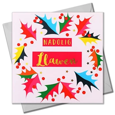 Image of Welsh Christmas Card, Bright Holly, text foiled in shiny gold