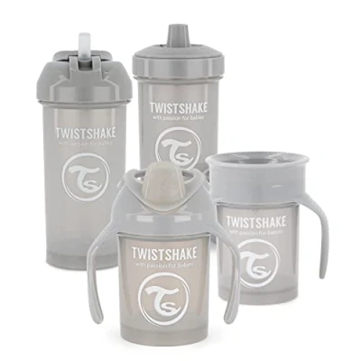 Image of Twistshake Baby Training Sippy Cup Set 4 Piece 1x 360 Mini Straw Kid Leak Proof Water Bottles BPA Free Non Spill for Toddlers 4+ Months Light Grey