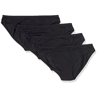 Image of Amazon Essentials Women&#039;s Cotton and Lace Bikini Underwear, Pack of 4, Black, 12