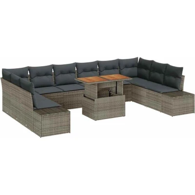 Image of vidaXL 11 Piece Garden Dining Set with Cushions Grey Poly Rattan Acacia