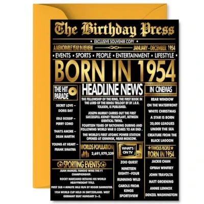 Image of Gold 71st Birthday Card for Men Women Black &amp; Golden Newspaper Born in 1954 Happy 71 Cards Uncle Nanny Husband Wife Grandad Dad, A5 Bday Greeting