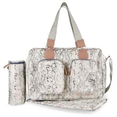 Image of My Babiie Changing Bag Tote With Insulated Bottle Holder, Portable Mat, Baby Travel Bag, Nappy Messenger 2 Front Pockets Dani Dyer Rose Gold Marble