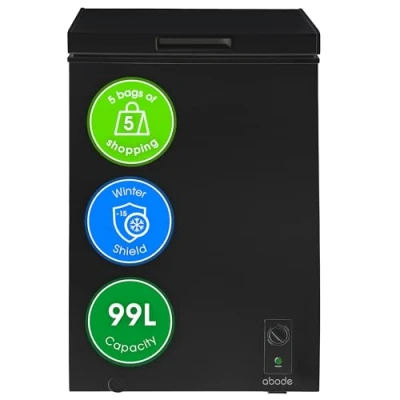 Image of Abode Freestanding Black Chest Freezer 99L with Removable Wire Basket &amp; Counter Balance Lid, Adjustable Thermostat, 4 Star Freezer, Suitable for Garages Outbuildings A99CF0E1B