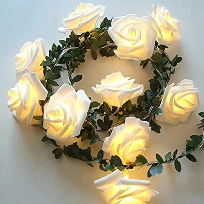 Image of Rose String Light with Green Leaves, Runaup 3M/9.81ft 20LED Warm White Rattan Flowers Fairy Lights, Battery Powered Decorative Lights for Birthday Party Wedding Festival