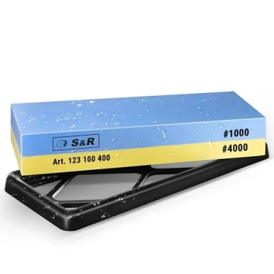 Image of S&amp;R 2 Sided Whetstone Sharpening Stone 18 x 6 3 cm with 1000/4000 Grit and Silicone Holder, 100% Corundum