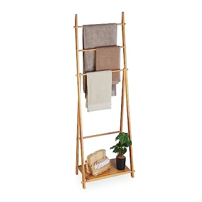 Image of Relaxdays Towel Bamboo, 4 Bars and a Storage Shelf, HWD: 153 x 53.5 30 cm, Free Standing, Bathroom Rack, Natural, 53 cm