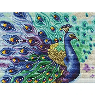 Image of Awesocrafts Cross Stitch Stamped Kits Blue Peacock Easy Patterns Stitching Embroidery Needlework Kit Supplies (Peacock)