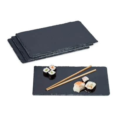 Image of Relaxdays Set of 4 Slate Platter, Rectangular Serving Plate, 26 x 16 cm, for Cheese, Sushi, Desserts, Buffet, Anthracite