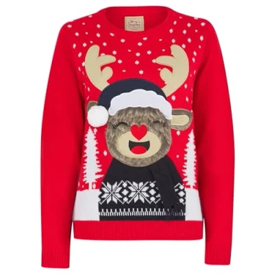 Image of Tokyo Laundry Merry Christmas Women&#039;s &#039;Laughing Rudolph&#039; Novelty Knitted Xmas Jumper Red