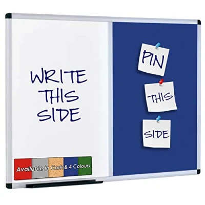 Image of Wonderwall Premium Aluminium Framed Dual Combination Noticeboard Pinboard/Dry Wipe Whiteboard 90 x 60cm (Blue) Office, School, Home