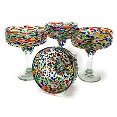 Image of Dos Sueños Mexican Hand Blown Glass Set of 4 Margarita Glasses Confetti Rock (16 oz) …