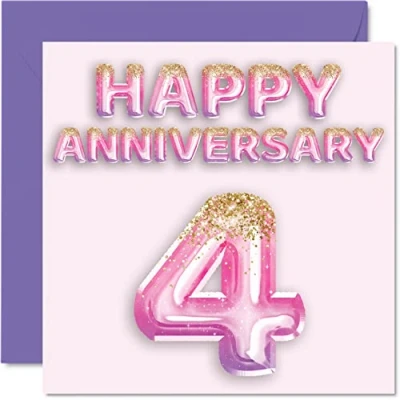 Image of Pretty Linen Anniversary Card for Wife Girlfriend Husband Boyfriend Pink Purple Glitter Balloons Happy 4th Cards from Family, 145mm x Greeting Fourth Anniversaries