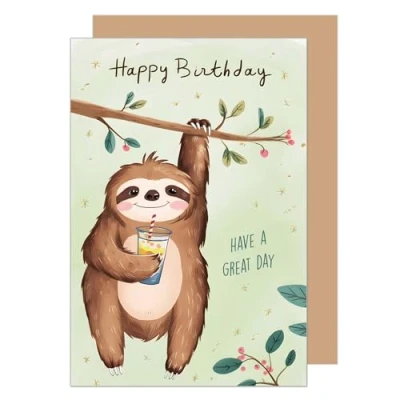 Image of Edition Seidel Premium Birthday Card with Envelope. Greeting Saying Billet Man Woman Child Hanging Sloths Branch (G3598 SW024)