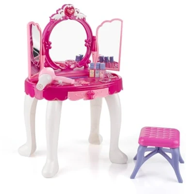 Image of Kids Dressing Table, Vanity Girls Table And Chair, With Mirror Stool, Toddler Pink