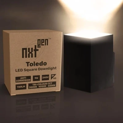 Image of NxtGen Toledo LED Square Downlight 9W All Weather Tri Colour CCT 30 Black