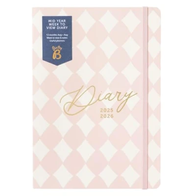 Image of Busy B A5 Week to View Diary Mid Year Academic Planner Aug &#039;25 &#039;26 Pink Harlequin Print Journal Weekly Layout opposite a Notes Page, Goals, Expenses, Pen Loop &amp; Elastic Closure