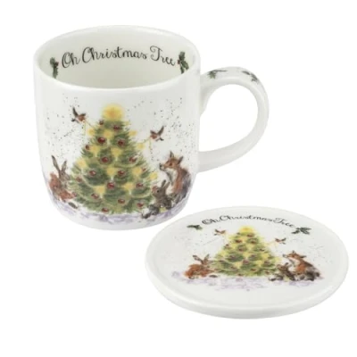 Image of Royal Worcester Oh Christmas Tree Mug &amp; Coaster Set 11 oz Fine Bone China Holiday with Woodland Creatures Wrendale Designs Coffee Mugs, Microwave Dishwasher Safe