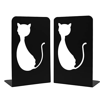 Image of A Pair of Cute Cartoon Cat Nonskid Metal Book Ends Bookends Organizer Holder for Home Office Study Decor (Black)
