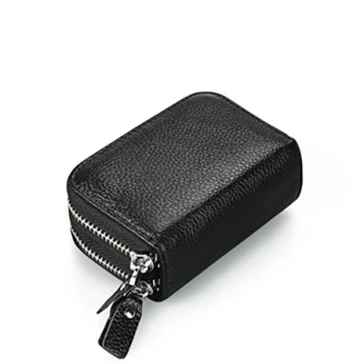 Image of AprinCtempsD RFID Blocking Women&#039;s Credit Card Holder Genuine Leather Ladies Small Coin Purse Men&#039;s Mini Wallet with Double Zipper (Black)