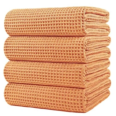 Image of POLYTE Microfibre Oversize Quick Dry Lint Free Bath Towel, 152 x 76 cm, 4 Pack (Orange, Waffle Weave)