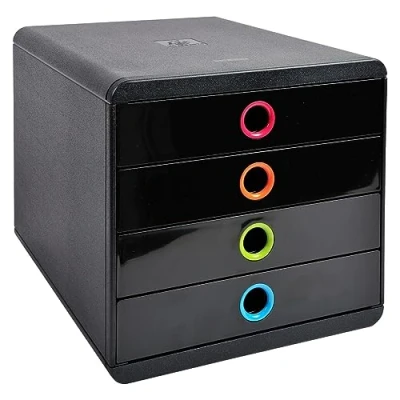Image of Exacompta Ref 314498D Glossy Pop Box 347 x 278 267mm in Size, Suitable for Storing A4+ Documents, 4 Closed Drawers, Smooth Drawer Action Black/Harlequin