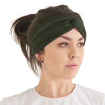 Image of Womens Plain Boho Turban Headband Fashion Headwrap Yoga Hairband Twist Knot Gym Hair Band Khaki