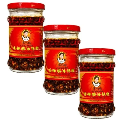 Image of Lao Gan Ma Crispy Chilli Oil (210g) Laoganma Spicy Chili Crisp Hot Sauce Jar Savoury Crunchy Texture Versatile Condiment Ideal for Noodles, Dipping,Stir Fry Gastro Group ® (3 x 210g)