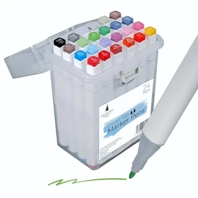 Image of Cathedral Products Dual Tip Art Marker Pens Set Vibrant Oil Based Ink Chisel and Fine Tips Pack of 24 Portable Storage Case