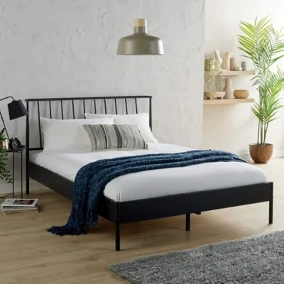Image of Home Source Odessa Bed Frame Black Metal with Headboard, Bedroom Furniture, 5ft King