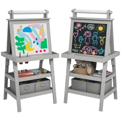 Image of AIYAPLAY Art Easel for Kids with Paper Roll, 3 in 1 Double Sided Magnetic Whiteboard and Chalkboard Storage Baskets, Children 6 Years Grey