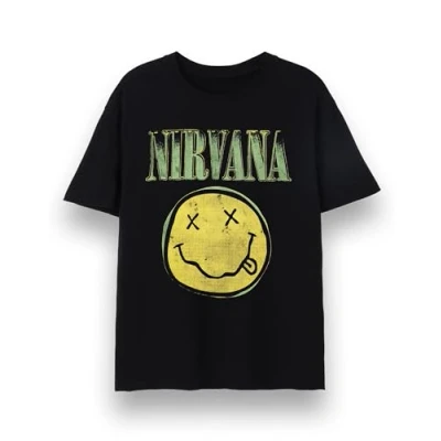 Image of Nirvana Mens T Shirt Adults Short Sleeve Graphic Tee in Black Classic Grunge Distressed Green Band Logo Print &amp; Face Apparel Top Vintage Rock Merchandise Gift