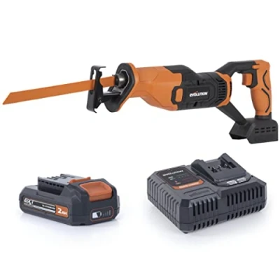 Image of Evolution Power Tools R150RCP Li Reciprocating Saw, Multi Material Cutting Includes 2Ah Battery, Charger, 2 Cordless Black/Orange