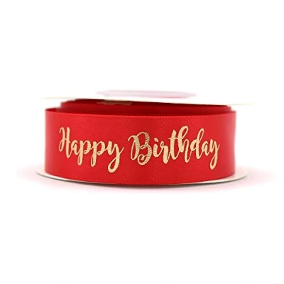 Image of Red Ribbon with Gold Writing Happy Birthday Decoration (Red) …
