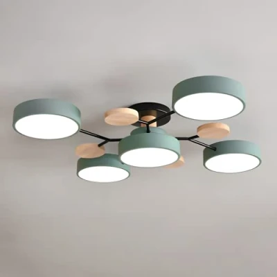 Image of Nordic LED Ceiling Lamp Modern Acrylic Light Creative Semi Flush Sputnik Fixture 5 Lights with Wood Decoration for Living Room Dining Bedroom, Green