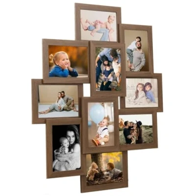 Image of vidaXL Classic Collage Photo Frame for Ten 10x15 cm Pictures, Light Brown MDF Wall Decor, Easy Hanging, Modern Design, Protective Picture