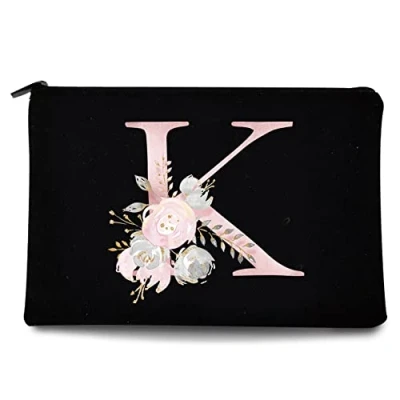 Image of 26 Letter Printed Zip Canvas Pouch Makeup Bag Make Up Bag, Cosmetic Travel Bag,Toiletry Bag,Organizer Bags,Toiletry Bags, Bride Bridesmaid Bag,Pencil Bag,Wash Bag,Coin Purse (Pink Flower K)