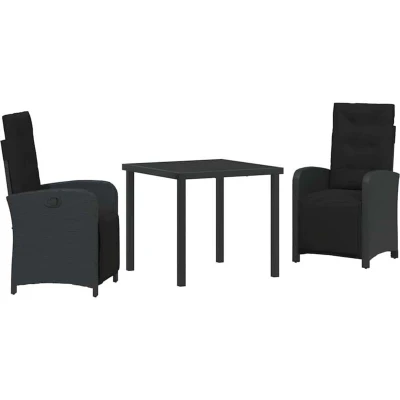 Image of vidaXL 3 Piece Garden Dining Set with Cushions Black Poly Rattan