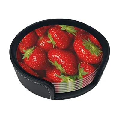 Image of Round Coasters, Strawberry Drawing,Mugs Pad Cups Mat Set of 6 Leather Drinks Coasters with Holder