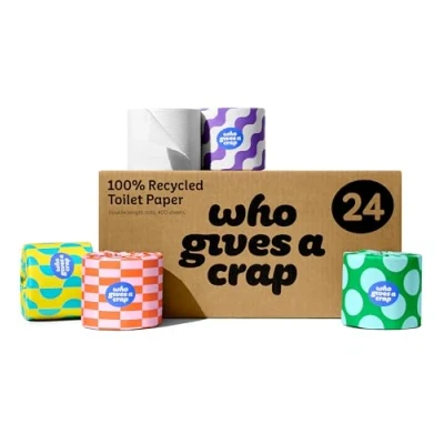 Image of Who Gives A Crap 100% Recycled, Twice as Long, Toilet Roll, Box of 24 (3 Ply, 360 Sheets) Soft, Strong, Sustainable