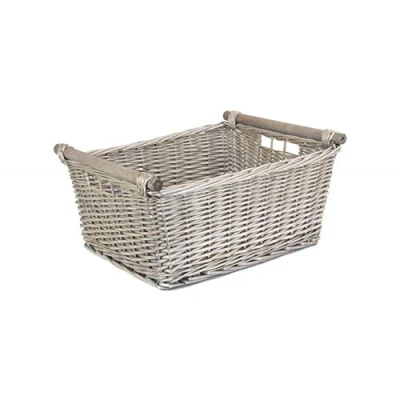 Image of Grey Wash Wooden Handled Wicker Storage Basket Extra Large