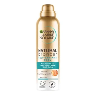 Image of Garnier Ambre Solaire Natural Bronzer Quick Drying Body Self Tan Mist, Medium, Intense &amp; Streak Free Fake Tan, Lasts Up to 1 week, Approved by Curelty International, Vegan Formula, 150ml