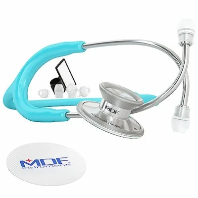 Image of MDF Acoustica Lightweight Stethoscope for Doctors, Nurses, Students, Home Health Use, Adult, Dual Head, Pastel Blue Tube, Silver Chestpiece Headset, MDF747XP03