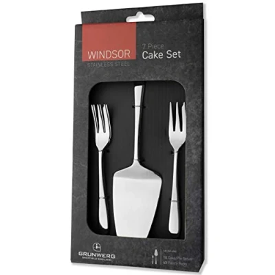 Image of Grunwerg Windsor Carded 7 Piece Pie Cake Slice &amp; Forks Set 7BXCAKWDR, 18/0 Stainless Steel, Silver