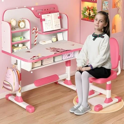 Image of iondelce Kids Functional Desk Chair Set,Adjustable Height Study Set with Castle Backboard, Widened Desktop, Bookstand and Storage Drawer Perfect Learning Gift (Pink B)