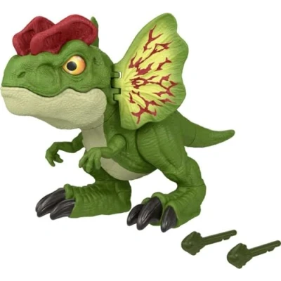 Image of Mattel Jurassic World Dinosaur Toy, Uncaged Fierce Launchin Dilophosaurus Figure with Dart Style Shooting Action, Sound, 2 Projectiles, HNT66
